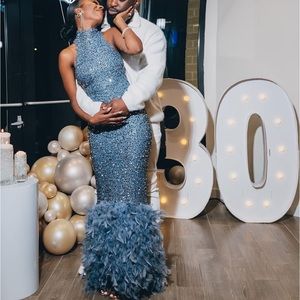 Slate Feathered Sequin Gown